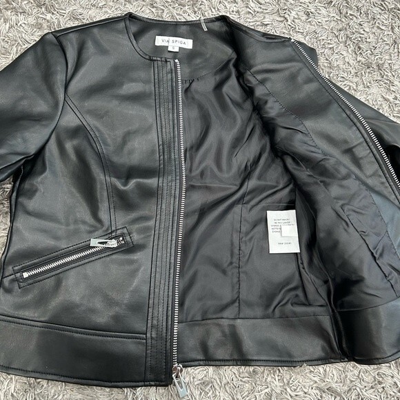 NEW VIA SPIGA Women Collarless Pleather Moto Jacket Black Size S or XL - Picture 7 of 12